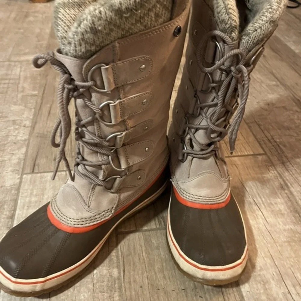 Sorel Boots Womens Size 10‎ Joan of Arctic Fossil Leather Knit Snow Waterproof